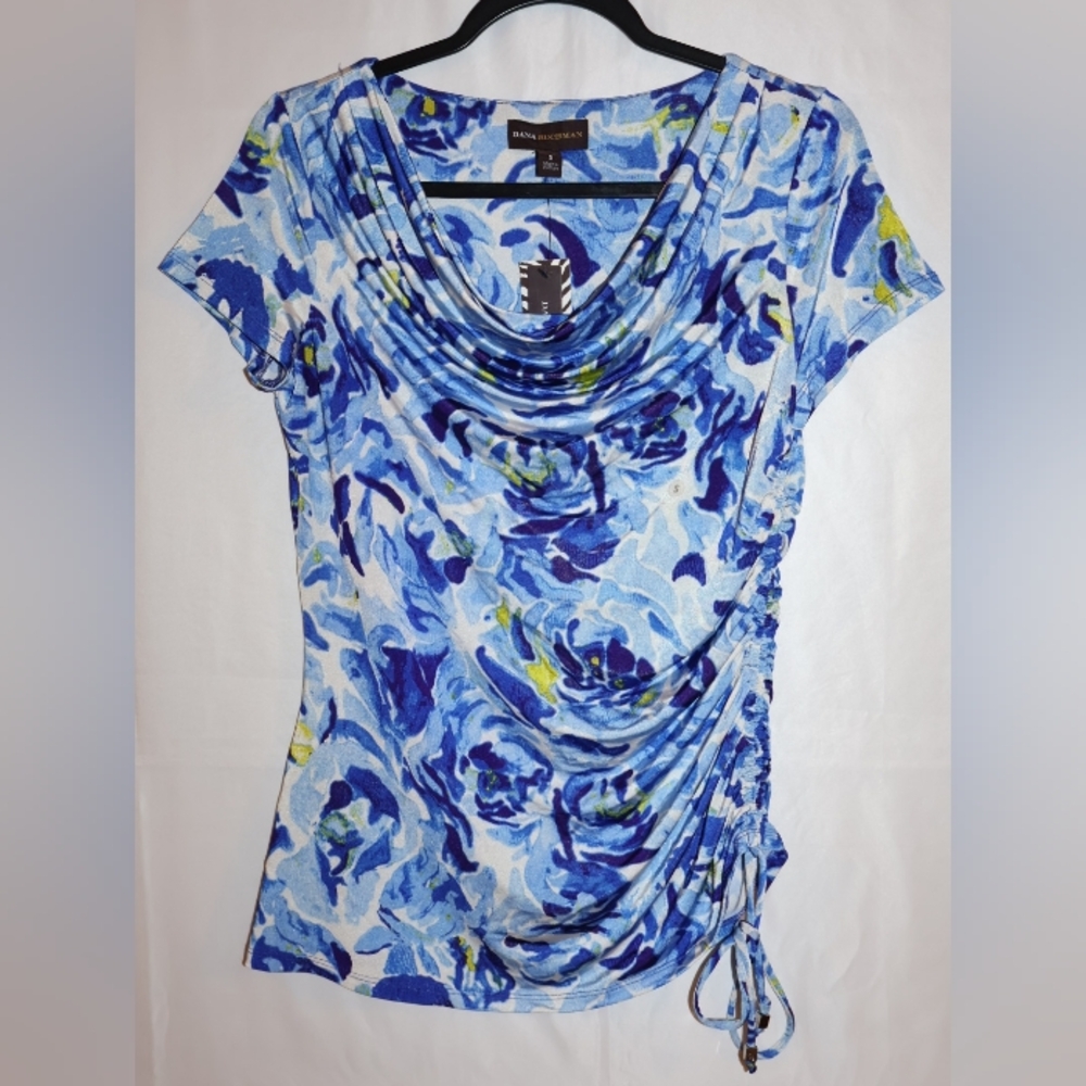 Dana Buchman Blue Floral Top With Drape Neck and Pull Tie Up Side. NWT.